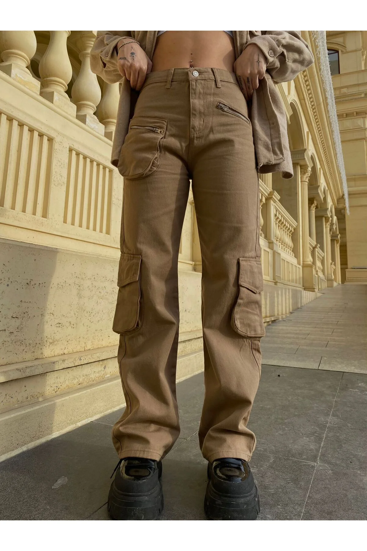 Urban Outfit Unisex Sokak Stili Körüklü Siyah Kargo Cepli Wide Leg Bol Paça Kalıp Baggy Pantolon