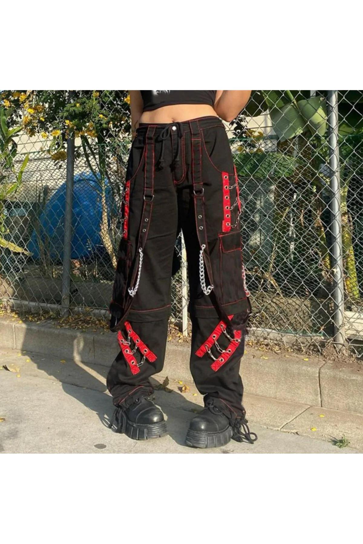 Y2k Baggy Full Detay Şerit Zinciz Pantolon Cybep Punk Kargo Cep