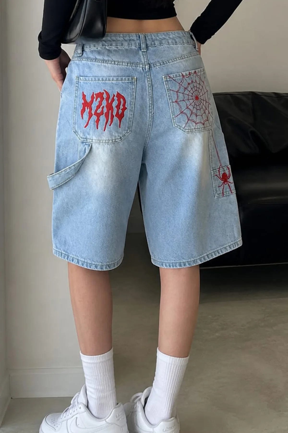 Unisex Örümcek Baskılı Baggy Denim Bermuda Şort