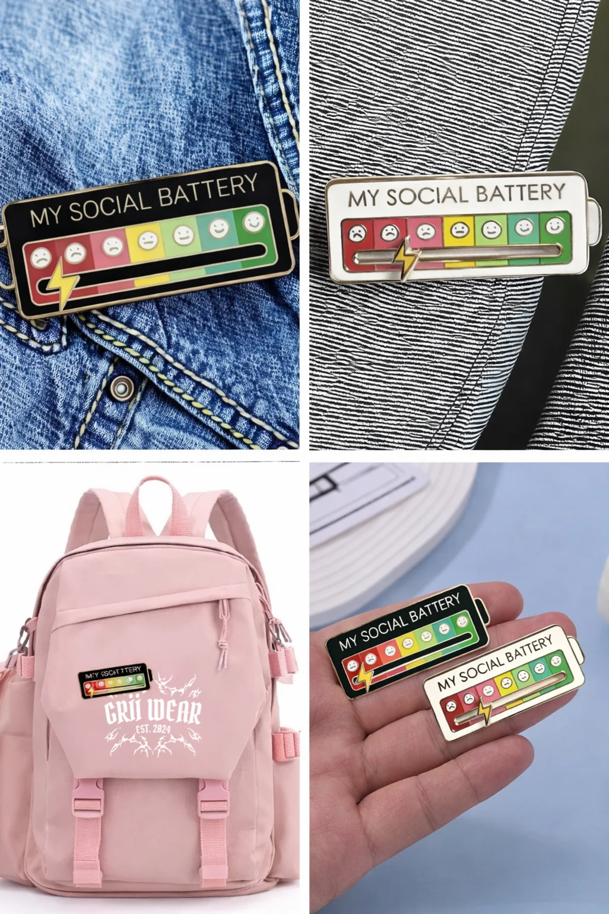 My Social Battery Emoji Metal Pin – Grii Werar Sosyal Enerji Rozeti