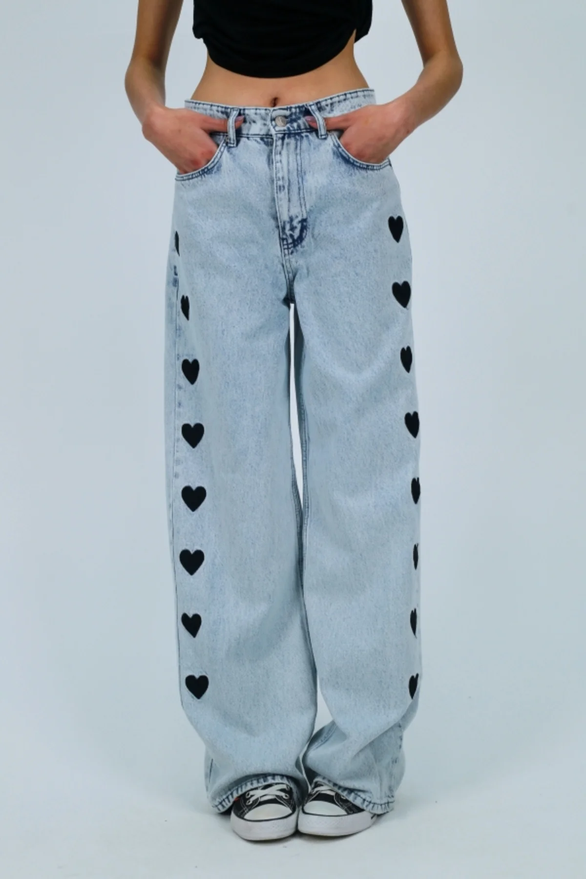 Kalp Detay Kotolog Yıkamalı Baggy Jean Pantolon