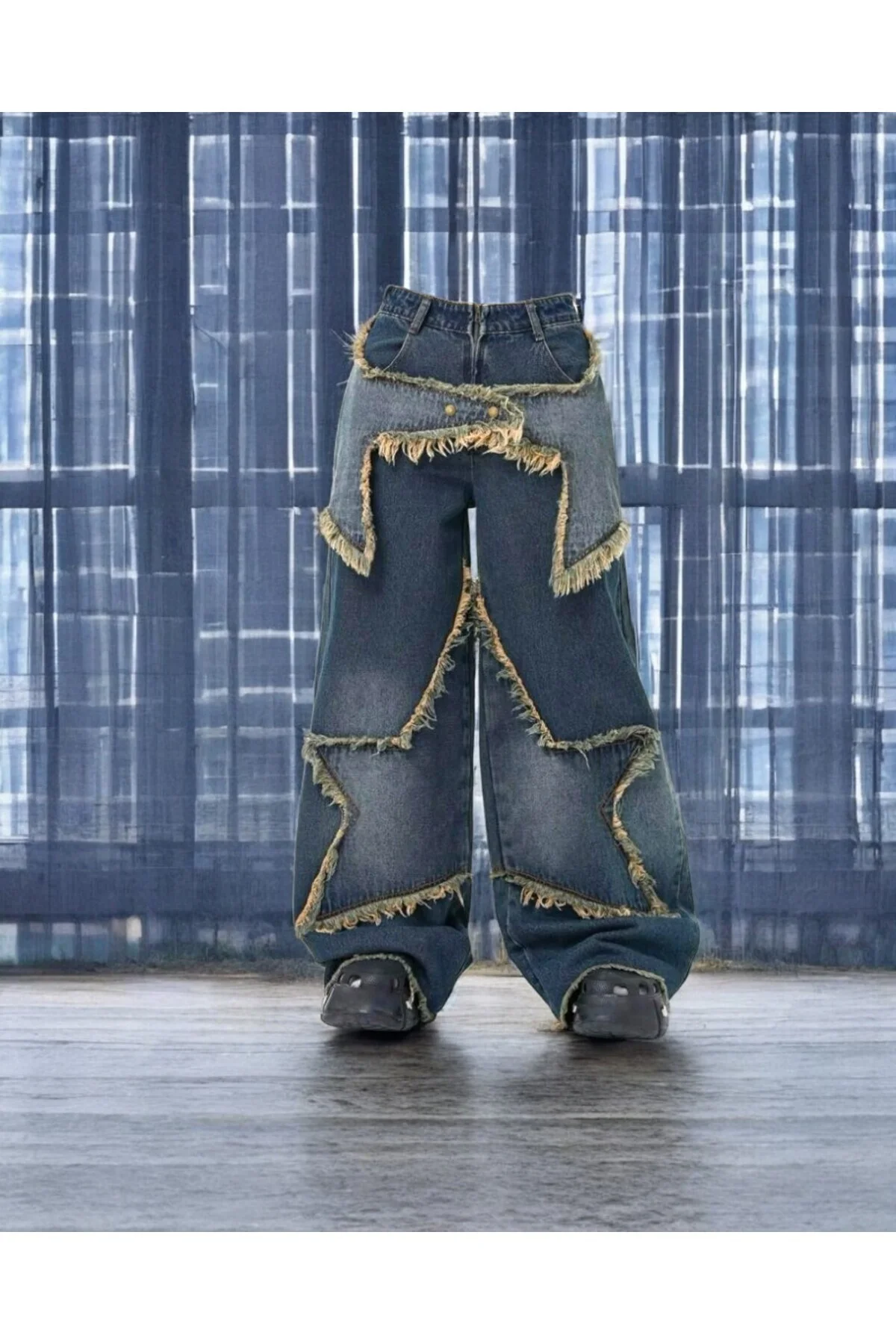 Y2k Unisex Büyük Yıldız Çıt Çıt Kapalı İki Kademeli Baggy Bol Paça Jean