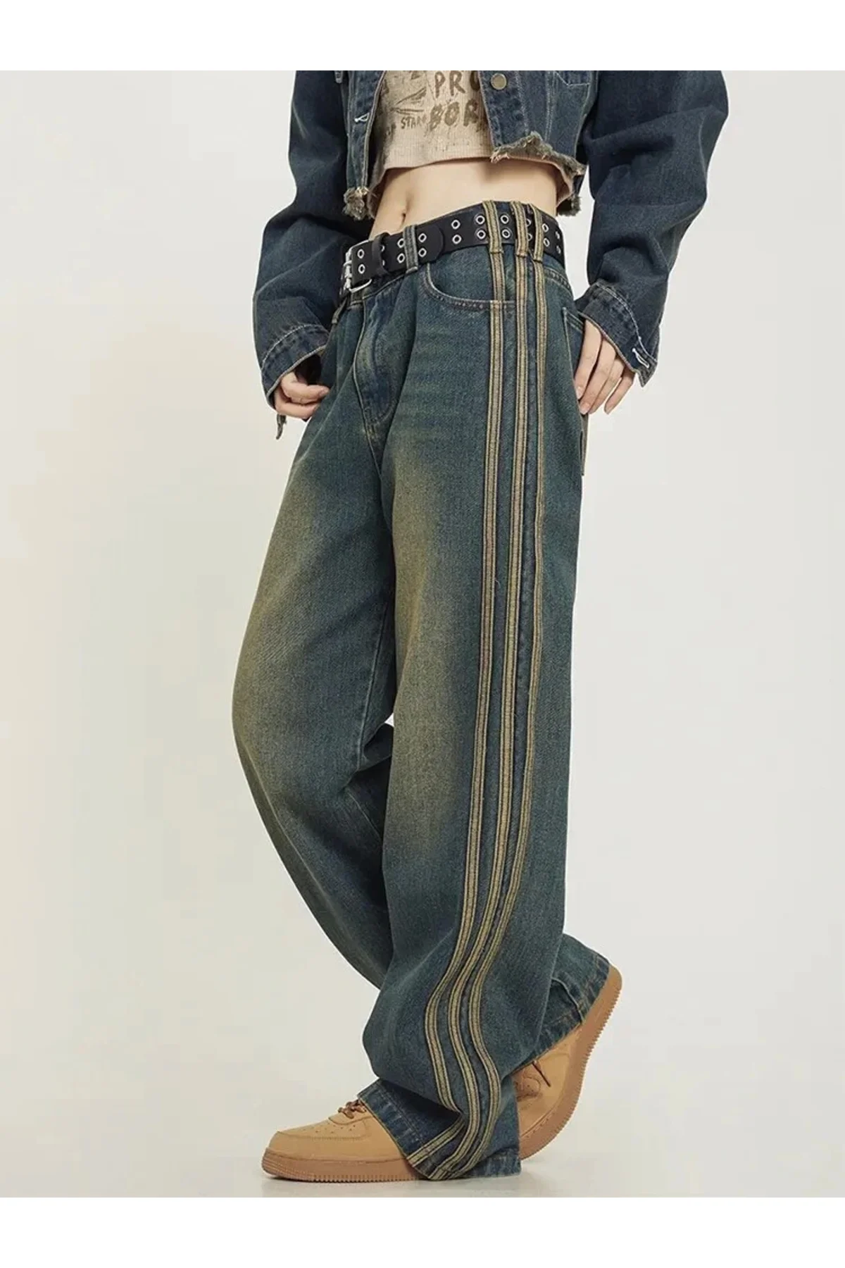 Eskitme Şerit Detaylı Mavi Baggy jean
