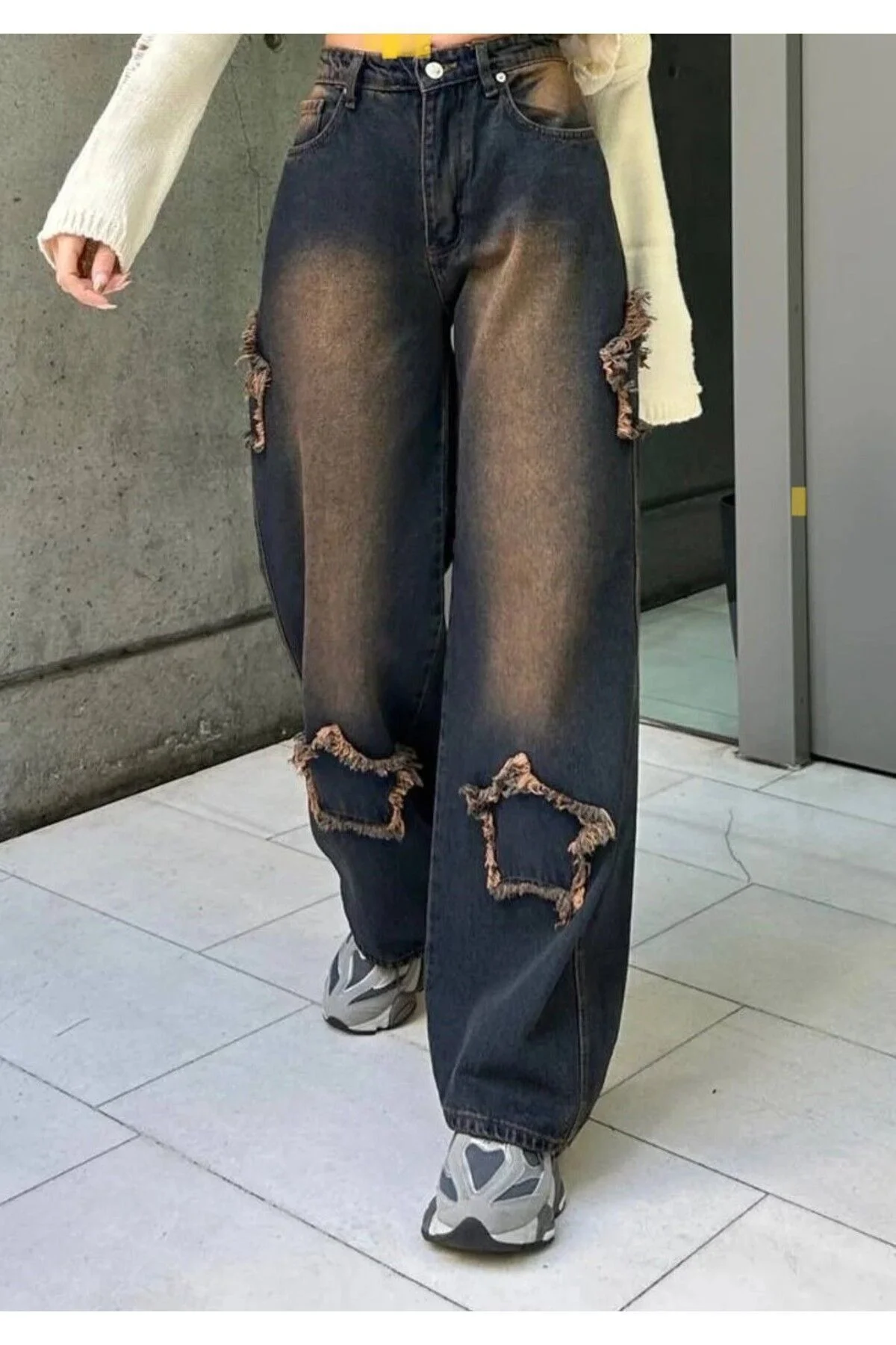 Y2k Siyah Yıldız Detail Bol Paça Relax Unisex Tech Pantolon Y2k Mavi Y2k Stars Patch Detay Jeans
