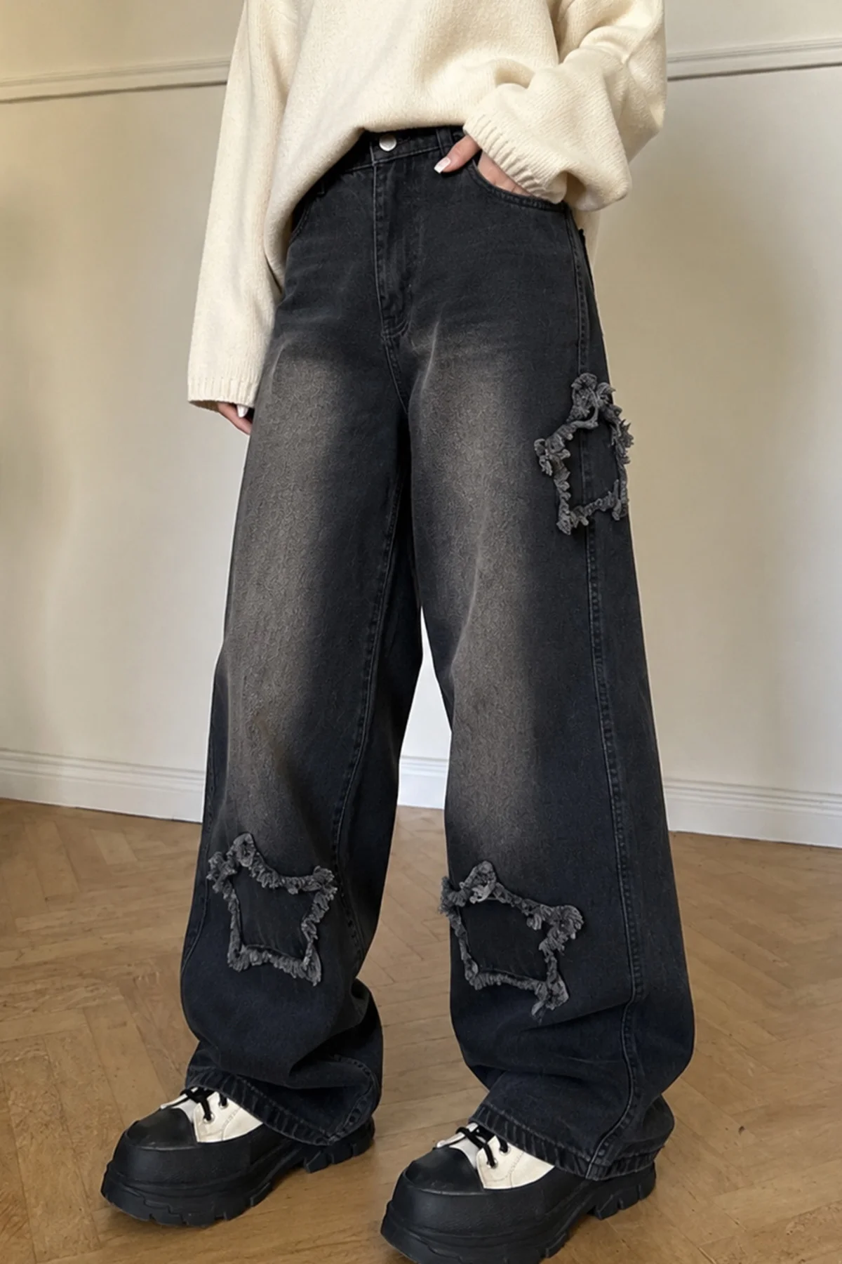 UNISEX Yıldız Aplikeli Bol Paça Jean Pantolon - Siyah