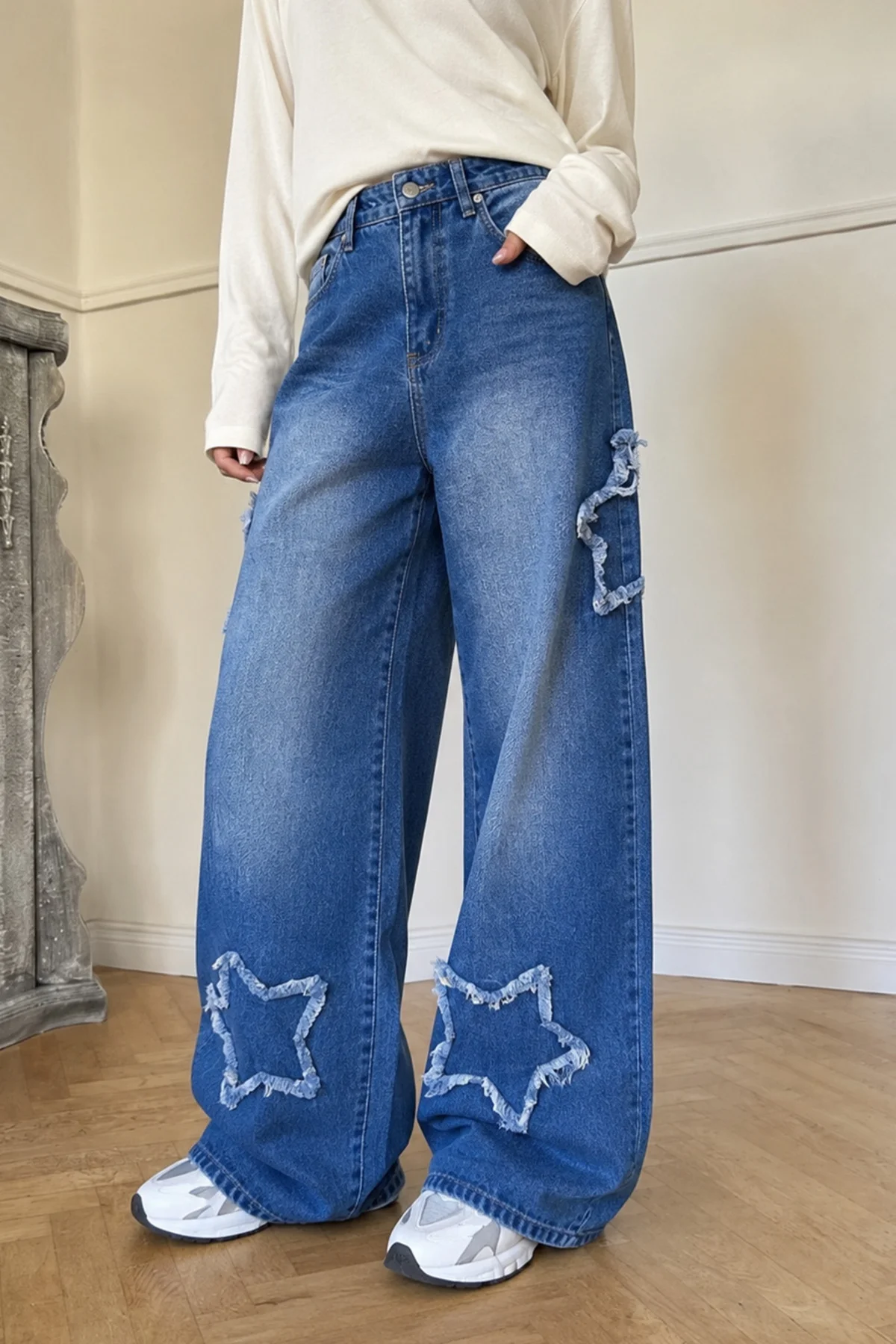 UNISEX Yıldız Aplikeli Bol Paça Jean Pantolon - Mavi