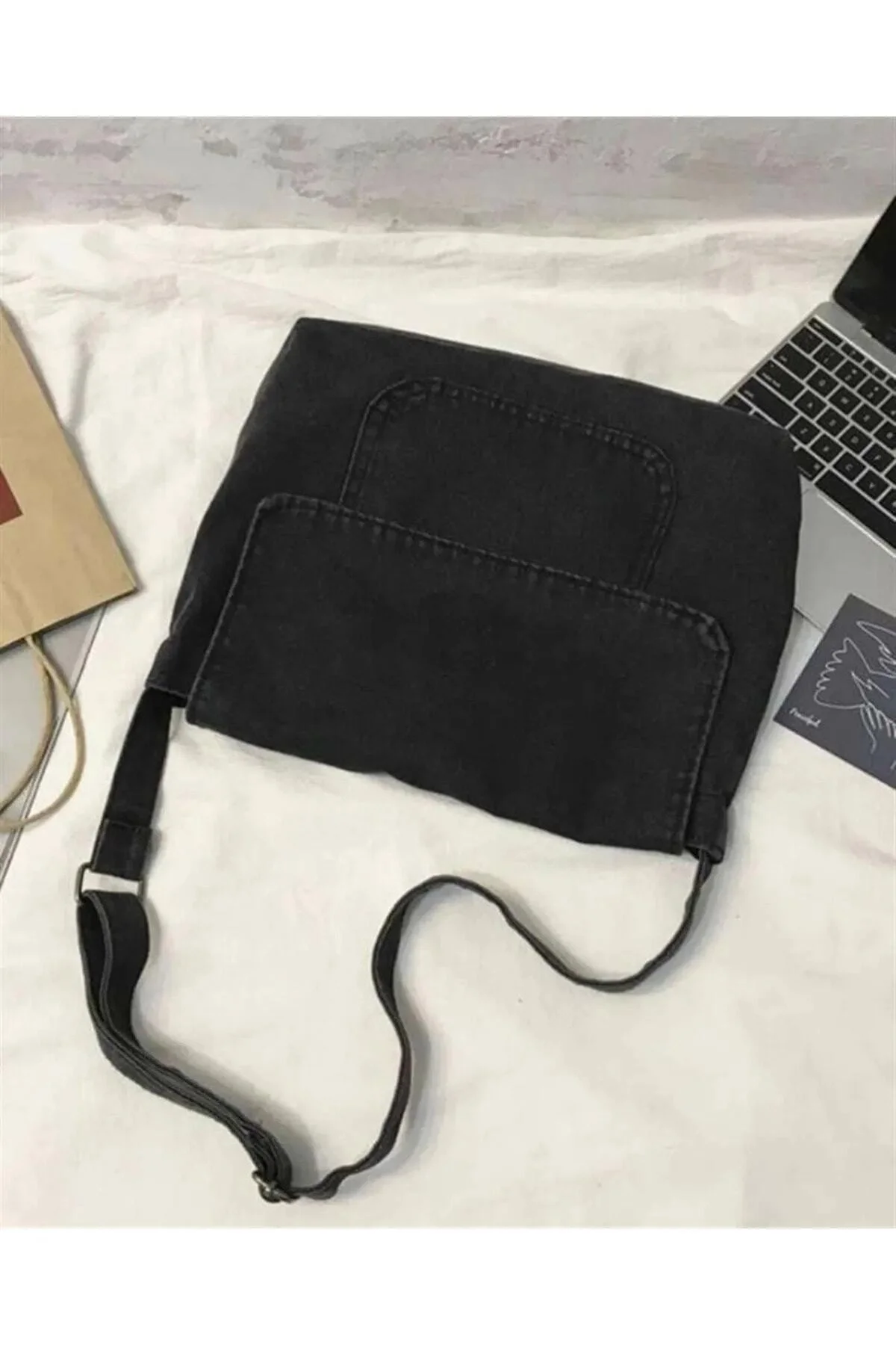 Vintage Unisex Kot Siyah - Gri Renkli Iç Hacmi Geniş Postacı Çantası