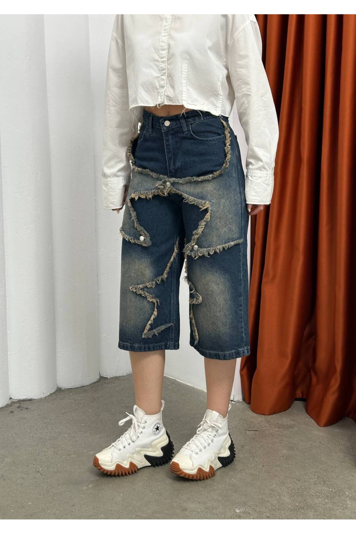 Büyük Yıldızlı Unisex Y2K Baggy Kapri Şort Jean